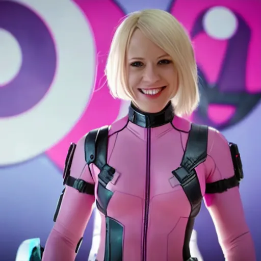 Image similar to A still of Gwenpool in Deadpool 3 (2023), blonde hair with pink highlights, no mask, white and light-pink outfit, smiling and winking at the camera, comics accurate design