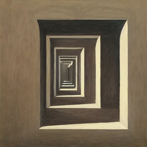 Image similar to first person view of a stark concrete maze, people peering into portholes, grant wood, pj crook, edward hopper, oil on canvas