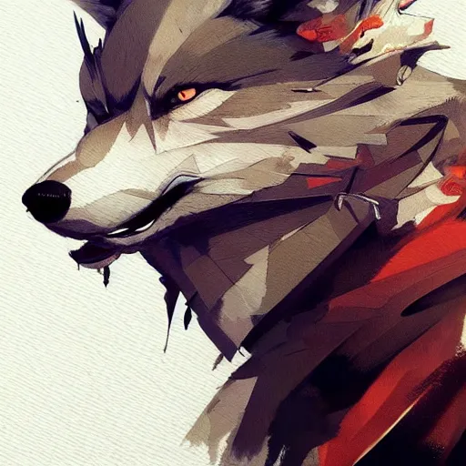 Image similar to concept art of anthropomorphized wolf, highly detailed painting by dustin nguyen, akihiko yoshida, greg tocchini, 4 k, trending on artstation, 8 k