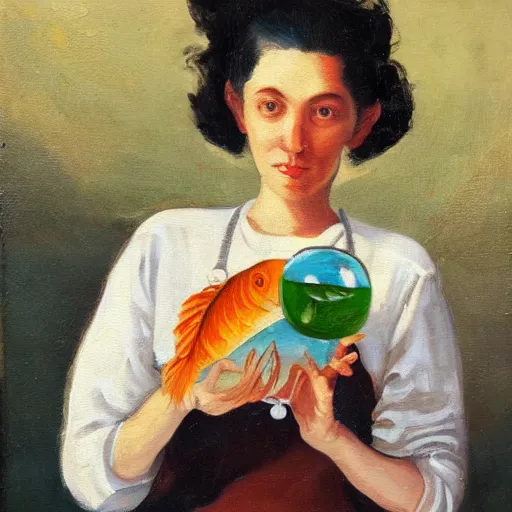 Image similar to a woman holding a fish bowl with fish inside. bow on top. oil on canvas