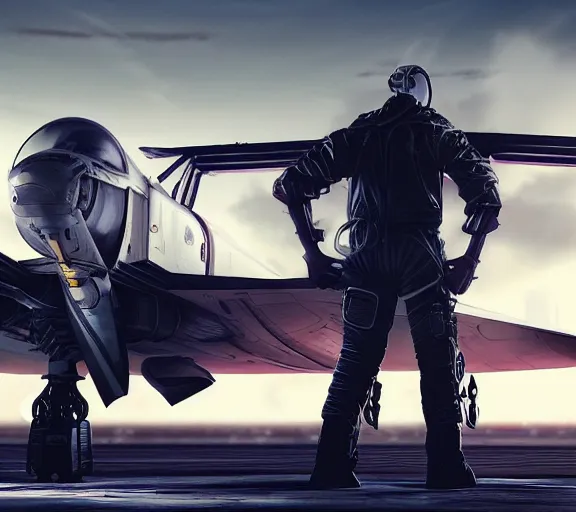 Image similar to fighter pilot stands beside futuristic sci fi fighter jet grounded at runway of cyberpunk city ,dark cinematic lighting , digital concept art