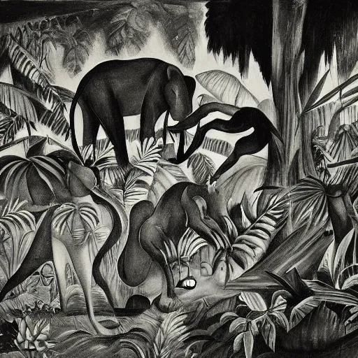 Image similar to black and white painting of the jungle with jungle animals, el guernica style,