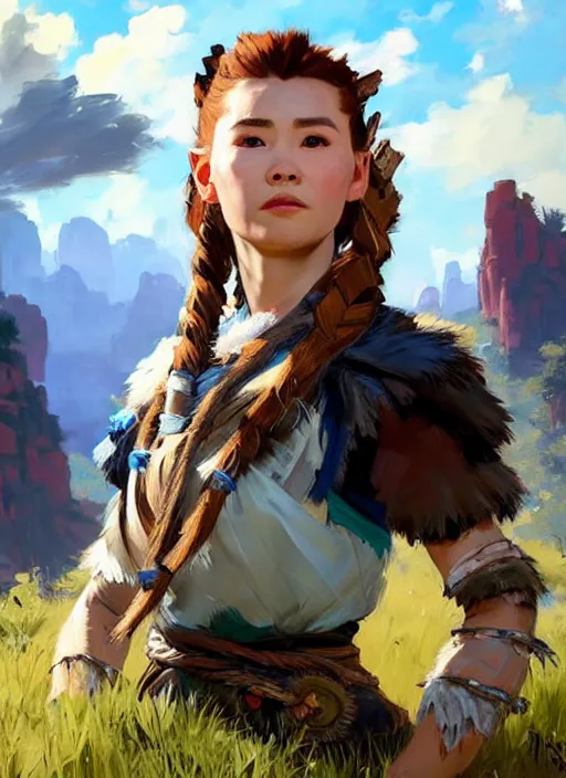 Image similar to portrait of Aloy from Horizon Zero Dawn in the style of League of Legends practicing, countryside, calm, fantasy character portrait, dynamic pose, above view, sunny day, thunder clouds in the sky, artwork by Jeremy Lipkin and Giuseppe Dangelico Pino and Michael Garmash and Rob Rey and Jean Giraud, very coherent asymmetrical artwork, sharp edges, perfect face, simple form, 100mm