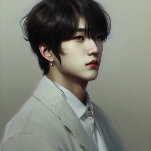 Image similar to a full portrait of V Kim Taehyung from BTS, dark hair, intricate, elegant, highly detailed, digital painting, artstation, concept art, smooth, sharp focus, illustration, art by Krenz Cushart and Artem Demura and Alphonse Mucha,