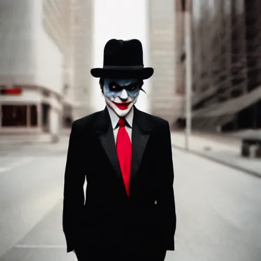 Prompt: the joker from the dark knight, in a black suit tuxedo with red tie, wearing black fedora | 35mm photograph | portrait photo