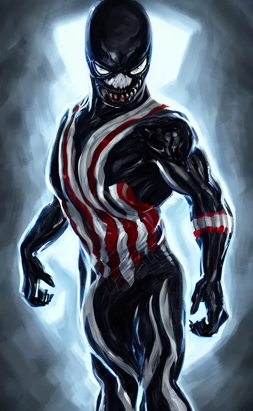 Image similar to full body portrait of venom as captain america, dynamic lighting, cinematic, ultra detailed, trending on art station, stunning visuals, creative, fantasy concept art