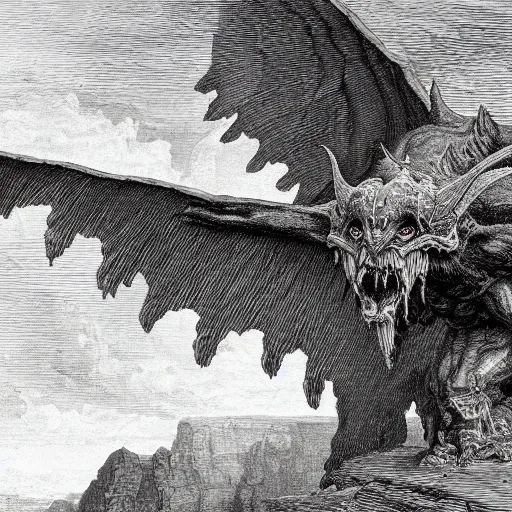 Prompt: a close up of a massive winged demon crawling up from a canyon, highly detailed, Biblical, high contast, in the style of Gustave Dore