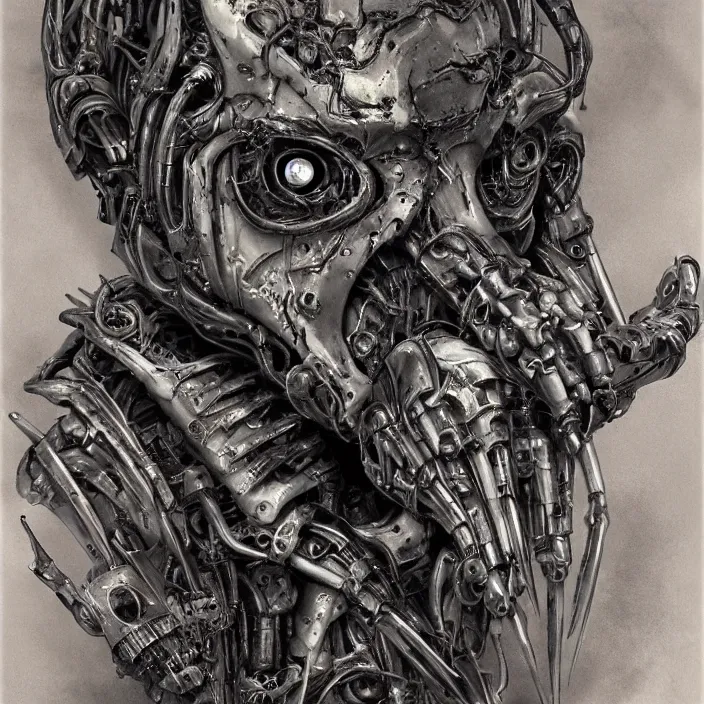 Prompt: in the art style of H.R. Giger a portrait of an evil, demented, battle-damaged ruby Ultron from Age of Ultron, clockwork steampunk, head and chest only, by Beksinski, 4k, deviantart, trending on artstation, bio-chemical, bionic, fiber-optics, wires, electrical, short circuit, robocop, terminator, t-800, T-1000, endoskeleton, steampunk