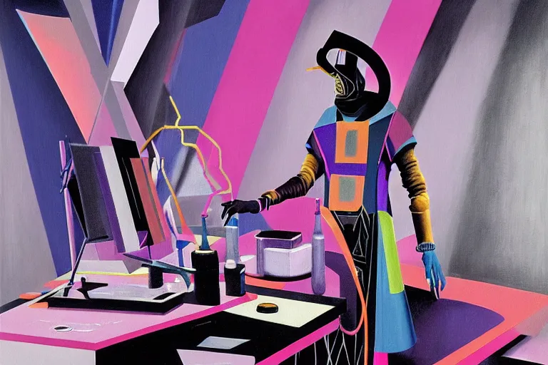 Image similar to a highly detailed beautiful masterpiece painting of a technomancer wizard in dazzle camouflage robes with pointed hood tampering with the world engine in his laboratory near a computer by Remedios Varo and Anato Finnstark and Greg Rutkowski and Andy Warhol, dayglo pink, dayglo blue, prismatic, pearlescent white, raven black, hyperrealism, 8k, trending on ArtStation, rendered in Octane, rendered in Unreal engine, award winning, volumetric lighting