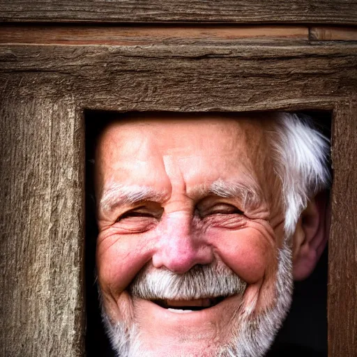 Image similar to an smiling old man peeking through a small door