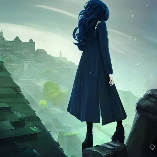 Image similar to low - angle shot from behind of a long blue - haired girl in a tailcoat overlooking demacia, combat boots, noir, screenshot, sharp focus, intricate, illustration, cell shaded, digital painting, highly detailed, straight hair, art by ilya kuvshinov, wlop, greg rutkowski, studio quality, james jean