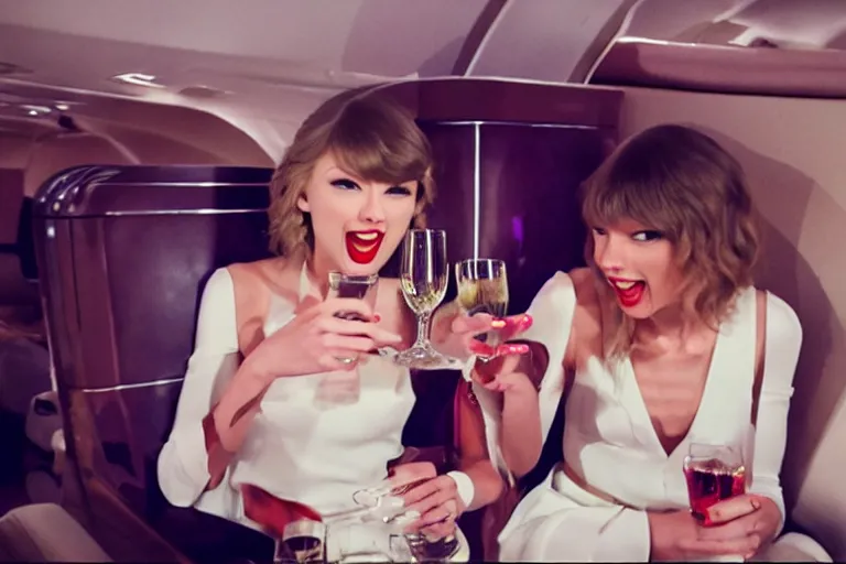 Image similar to Cinematography Taylor Swift Lauging and drinking champagne in her private jet by Emmanuel Lubezky