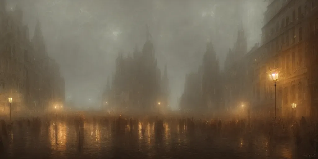 Image similar to a parade in a heavy swirling fog, soft lighting, night, stephen bliss, misty, unreal engine, digital art, 8 k, oil painting, fantasy art, illustration, detailed and intricate environment