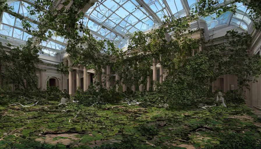 Prompt: collapses national portrait gallery in washington dc covered by vegetation, sunny day, hyperdetailed, artstation, cgsociety, 8 k