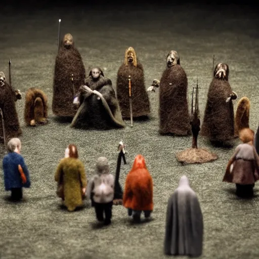 Image similar to needle felt action shot of the council of the ring, lotr, dramatic lighting, creepy, dslr, tilt shift, extremely textured, realistic hyper detailed