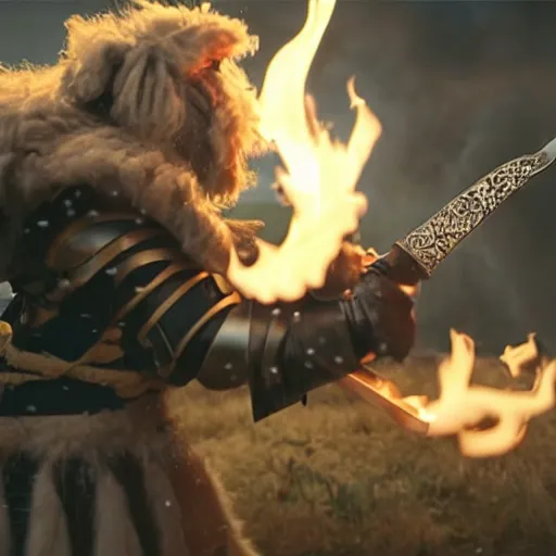 Prompt: god king fluffy in shining armor holding a flaming sword in the middle of a fierce battle