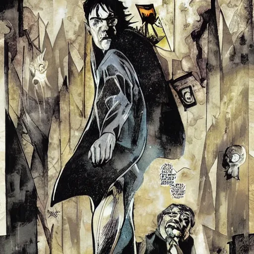 Prompt: in one frame Harry Potter with Sandman, by Neil Gaiman, by Dave McKean, comics Sandman, small details, clear faces, high detail