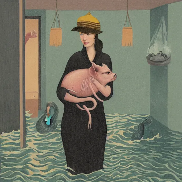 Image similar to tall female emo artist holding a pig in her flooded bathroom, mushrooms, octopus, water gushing from ceiling, painting of flood waters inside an artist's bathroom, a river flooding indoors, pomegranates, pigs, ikebana, zen, river, rapids, waterfall, black swans, canoe, berries, acrylic on canvas, surrealist, by magritte and monet