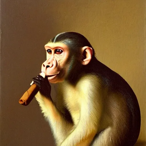 Image similar to Monkey smoking a Cuban cigar, oil on canvas, by Johannes Vermeer