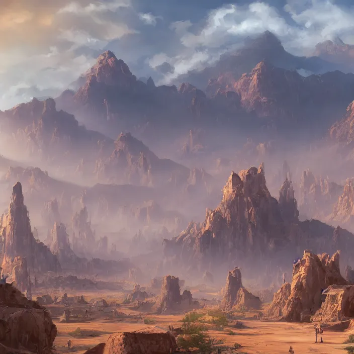 Image similar to large densely packed western style city in the middle of a sandy flat desert with a single mountain on the very distant horizon. magic the gathering art, digital media