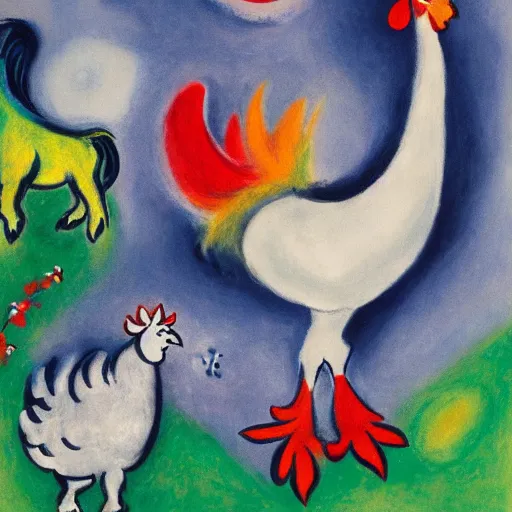 Prompt: a rooster and a goat in the style of marc chagall