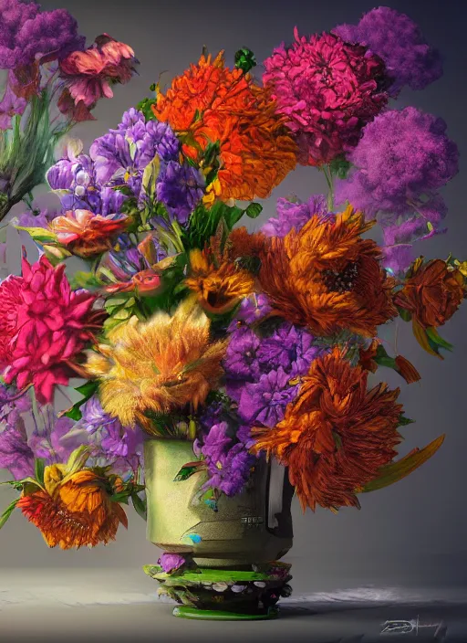 Image similar to An epic fantastic realism comic book style painting of the most beautiful flowers launched across the galaxy, bouquets, fisheye lens, unreal 5, DAZ, hyperrealistic, octane render, dynamic lighting