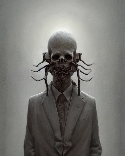 Prompt: portrait of a man wearing skull mask and white formal suit, digital illustration, matte painting, hyperrealistic, photoreal, symmetry, highly detailed, 8 k, hd, by beksinski and rutkowski and stalenhag