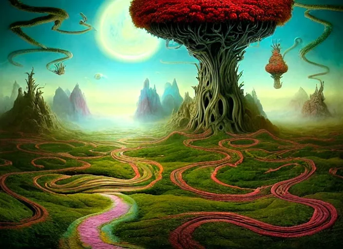 Image similar to a beguiling epic stunning beautiful and insanely detailed matte painting of the impossible winding path through imaginary worlds with surreal architecture designed by Giuseppe Arcimboldo, mega structures inspired by Heironymous Bosch's Garden of Earthly Delights, vast surreal landscape and horizon by Asher Durand and Cyril Rolando and Natalie Shau and Ernst Fuchs, colorful otherworldly trees, masterpiece!!!, grand!, imaginative!!!, whimsical!!, otherworldly, epic scale, intricate details, sense of awe, elite, wonder, insanely complex, masterful composition!!!, sharp focus, fantasy realism, dramatic lighting