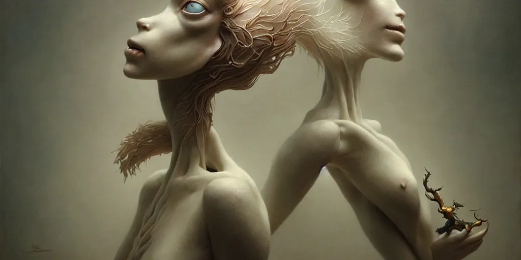 Image similar to ultra realistic, beautiful female puppet moving through latent spaces, in the style of peter mohrbacher by weta digital and beth cavener, high symmetry, intricate, elegant, evocative, masterpiece, award winning, high face symmetry, high realism