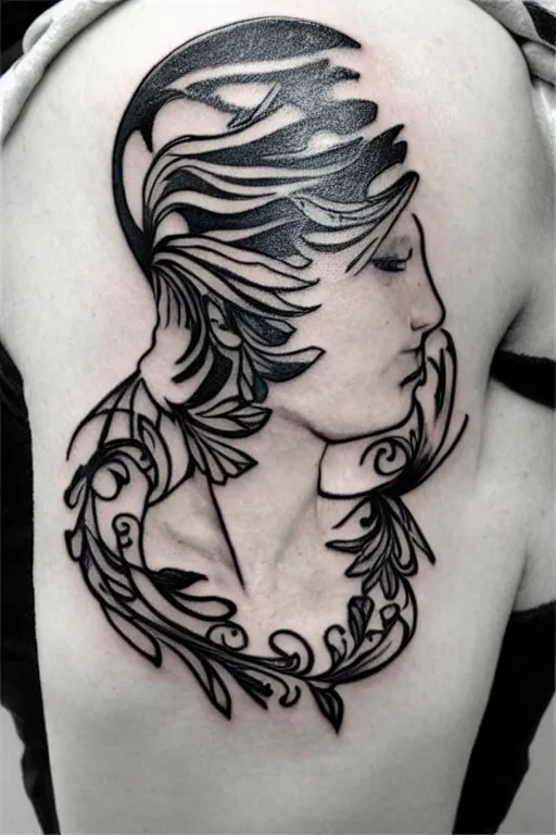 Prompt: mirrored delicate minimalist art nouveau shoulder tattoo, clean lines