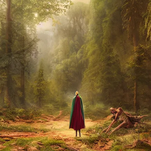 Image similar to an woman with a green cape and hunter bow wearing iron armor in the middle of an forest, Matte painting , detailed painting, greg rutkowski