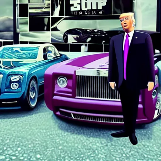 Image similar to donald trump sitting next to a roll's royce, gta 5 artwork, gold chain necklace, purple suit