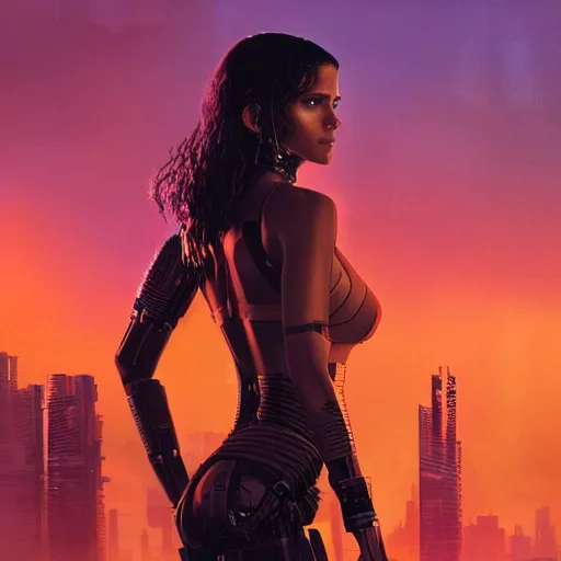 Image similar to beautiful Fine art photo of a young Halle Berry as a cyberpunk mayan robotic godess, photorealistic, centered, highly detailed, sunset lighting, in the movie Blade Runner 2049, 8k