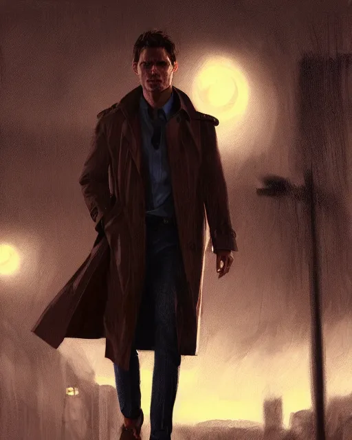 Image similar to portrait of james marsden, trench coat, stormy night, urban city scenery, moonlight, photorealism, jesper ejsing, artstation, volumetric lighting