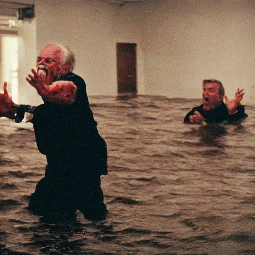 Prompt: 9 0 s movie still of an old man yelling in an empty soviet ballroom flooded with blood, cinestill 8 0 0 t 3 5 mm, heavy grain, high quality, high detail