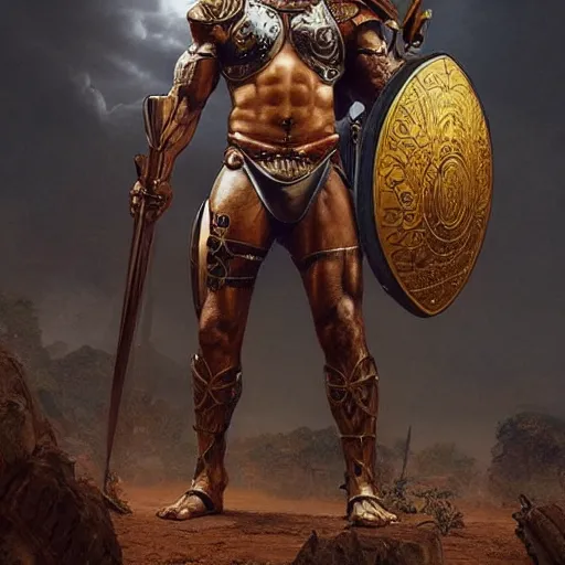 Image similar to a muscular african warrior with cyberkenetic armor standing in a heroic pose holding a shield, ultra realistic, concept art, intricate details, eerie, horror, highly detailed, photorealistic, octane render, 8 k, unreal engine. art by artgerm and greg rutkowski and alphonse mucha