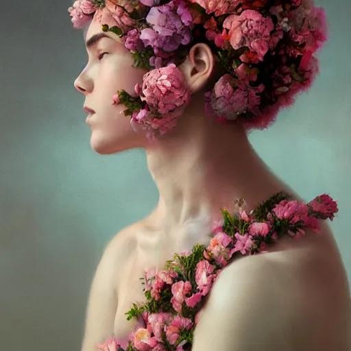 Image similar to a floral human, self - portrait!!!!, beautiful photorealistic imagery, soft lighting, soft atmosphere, 4 k, 8 k, trending on artstation, cgsociety contest winner, illustrated by greg rutkowski and shot by jimmy nelson