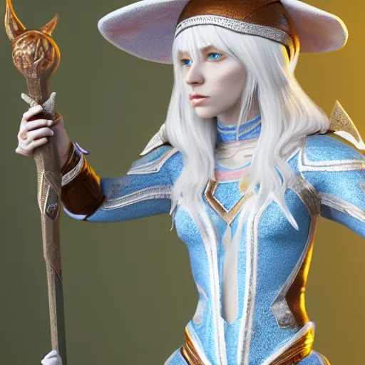 Image similar to a highly detailed elf in full length, with white long hair, white clothes, bright blue eyes, artstation, DeviantArt, professional, octane render