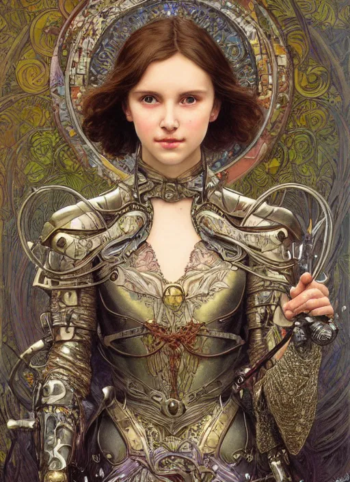 Prompt: realistic detailed painting of a 1 6 - year old girl who resembles millie bobby brown and natalie portman with a shy, blushing, coy expression wearing intricate, detailed, art nouveau chainmail plate armor by alphonse mucha, ayami kojima amano, charlie bowater, karol bak, greg hildebrandt