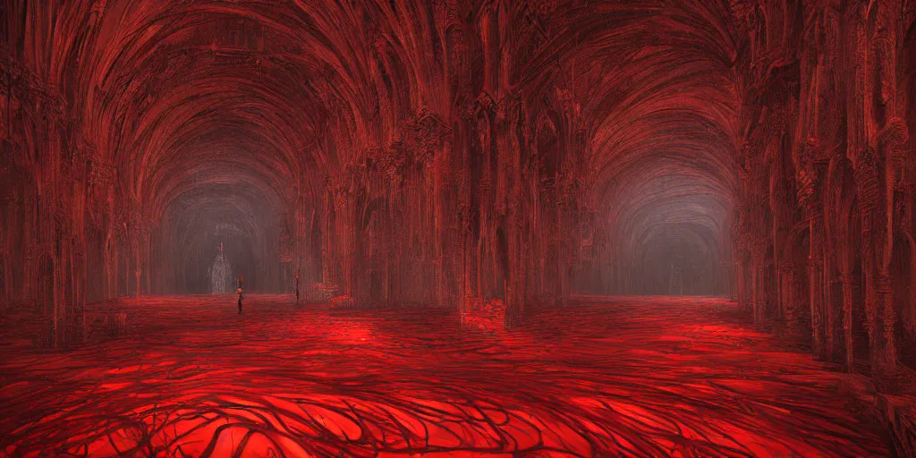 Prompt: a hyper intricate oil portrait red cathedral interior, excellent composition, wide shot, by zdzislaw beksinski, intricate, horror atmosphere, unreal engine 5 highly rendered, global illumination