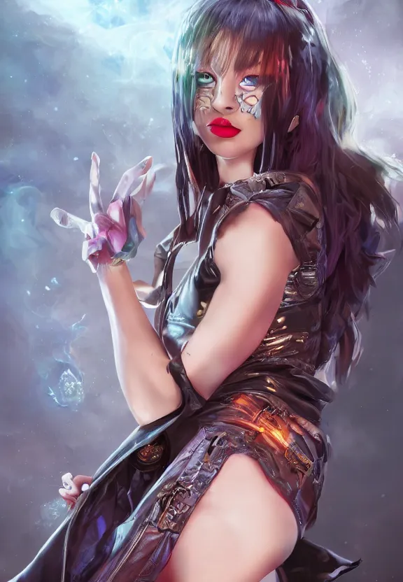 Prompt: full body illustration of a girl with eyes that burn like cigarettes wearing a mini skirt and a long jacket with fingernails that shine like justice, dramatic lighting, photorealistic, full body portrait, detailed anatomy, extreme detail, 4 k, colorful, confident, character concept art by artgerm and ben lo, octane render, detailed face, f / 2. 8