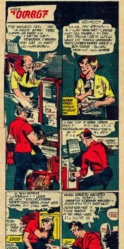 Prompt: boring job. vintage comic