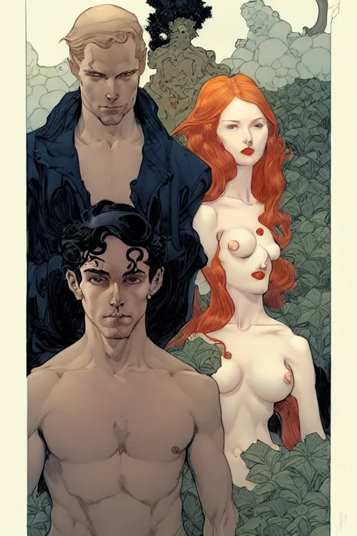 Image similar to artwork by James Jean, Phil noto and Rebecca guay of a handsome man and a beautiful woman back to back