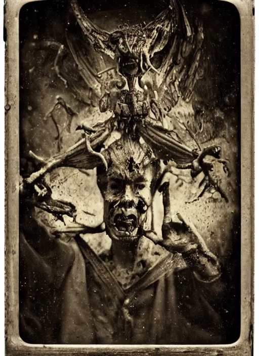 Prompt: old wetplate daguerreotype demons, devil, pain, anger, desolation, angel, divine, multiple faces, explosion of data fragments, fractal, intricate, elegant, highly detailed, parallax, leica, medium format, subsurface scattering, by jheronimus bosch and greg rutkowski and louis jacques mande daguerre