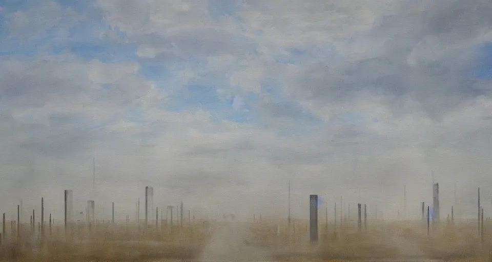 Image similar to world of only concrete, a flat endless plane of concrete covered in thin, very tall concrete pillars talk enough to go above the frame that go on to the horizon, open sky, but sparse vegetation is returning to the world, growing in the concrete, blue sky with clouds, god rays, beautiful painting, oil on canvas, by Ewa Czarniecka, award winning masterpiece,