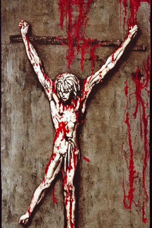 Image similar to bloody christ crucified and some mushrooms on the floor painted in by cy twombly and andy warhol