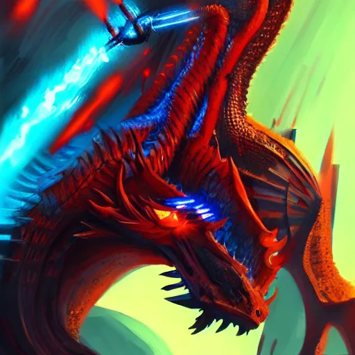 Prompt: dragon cyborg splitting fire, vivid color, highly detailed, cyberpunk, digital painting, artstation, concept art, matte, sharp focus