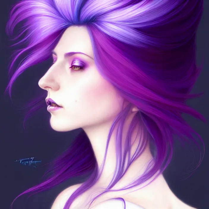 Image similar to Purple hair relistic Portrait of a two woman with bright colored flying hair, all shades of purple. Beauty face, Hair coloring, fantasy, intricate, elegant, highly detailed, digital painting, artstation, concept art, smooth, sharp focus, illustration, art by artgerm and greg rutkowski and alphonse mucha