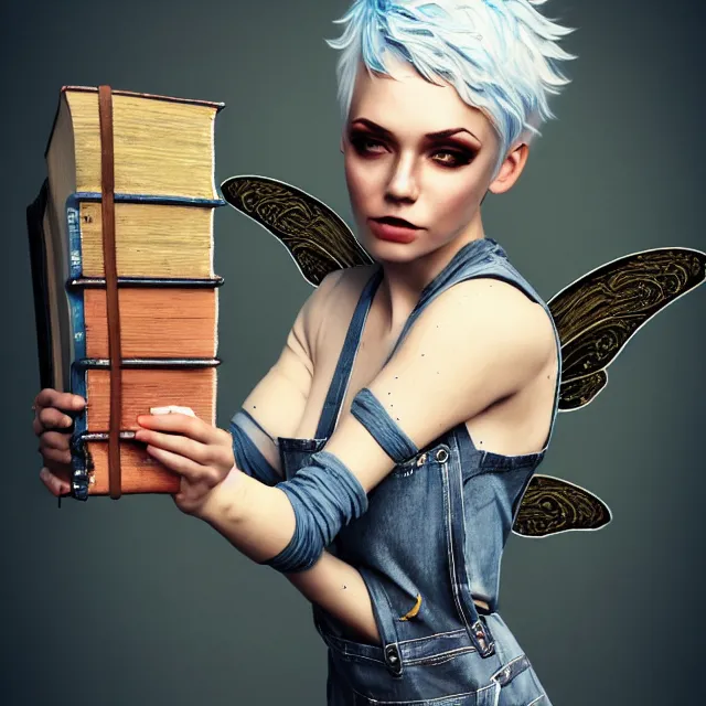 Prompt: full body pose, beautiful adult fairy, short white hair shaved sides, dirty, grungy, grunge, long sleeve, painted overalls, stacks of giant books, highly detailed, 4 k, hdr, smooth, sharp focus, high resolution, award - winning photo, artgerm, photorealistic