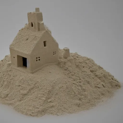 Prompt: A beautiful conceptual art of a broken-down house with a family living inside. sand sculpture by Chip Zdarsky rhythmic